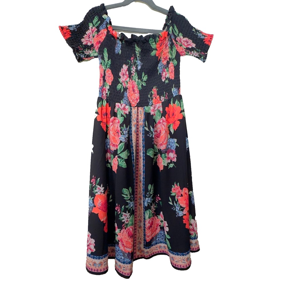 Flying Tomato Black Floral Smocked Off Shoulder Mini Dress Sz S Cottagecore Boho